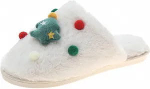 Masbird Christmas Slippers for Women Memory Foam Cozy Slippers Fuzzy Plush Fleece House Shoes Indoor Outdoor Anti-Skid Sole White