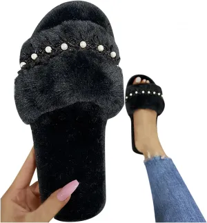 Masbird House Slippers for Women Memory Foam Slip On Slippers Warm Plush Outdoor Indoor Shoes Open Toe Fluffy Cozy Slippers Black