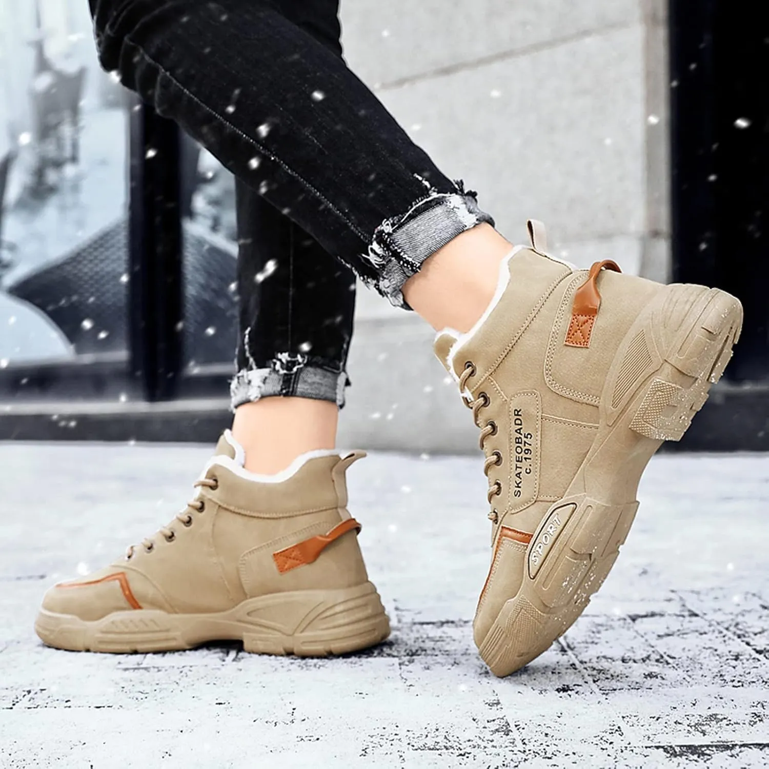 Men Work Boots Non Steel Toe Hiking Sneakers with Warm Fur Lining Women's Working Shoes Wide Width Mid Waterproof Outdoor Botas Lightweight Hike Grounded Footwear