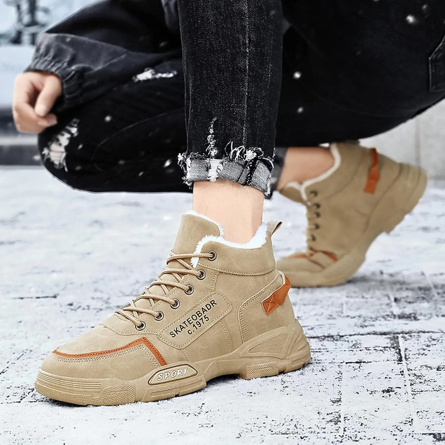 Men Work Boots Non Steel Toe Hiking Sneakers with Warm Fur Lining Women's Working Shoes Wide Width Mid Waterproof Outdoor Botas Lightweight Hike Grounded Footwear