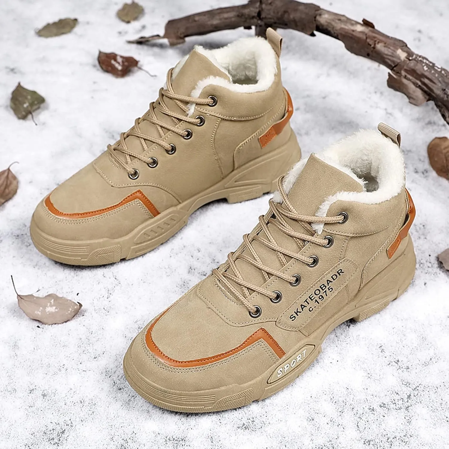 Men Work Boots Non Steel Toe Hiking Sneakers with Warm Fur Lining Women's Working Shoes Wide Width Mid Waterproof Outdoor Botas Lightweight Hike Grounded Footwear