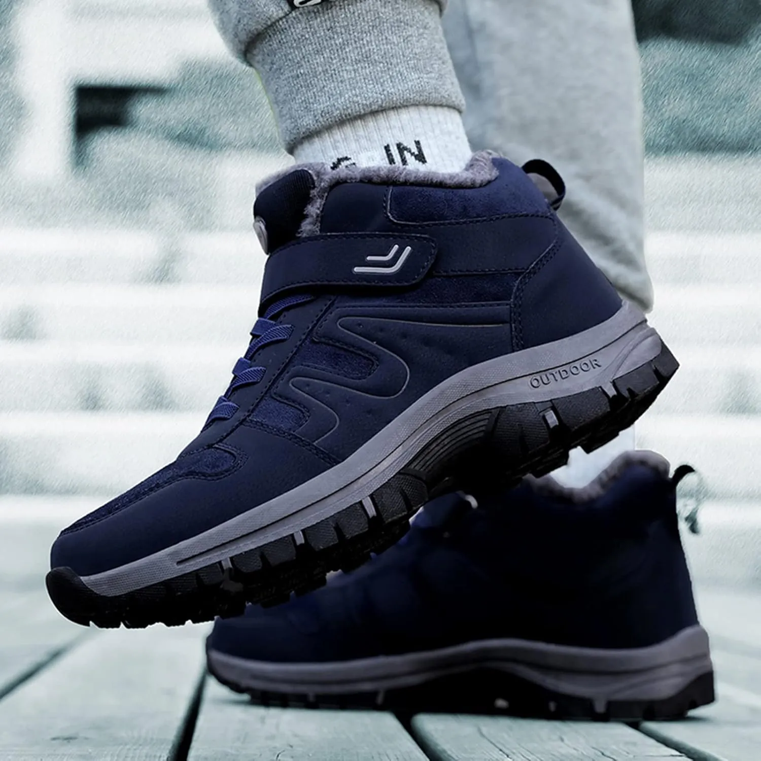 Men's Work Boots Soft Toe Hiking Sneakers Warm Fur Lined Womens Workout Shoes Slip Resistant Wide Outdoor Shoes Slip on Loafers Hike Grounded Footwear