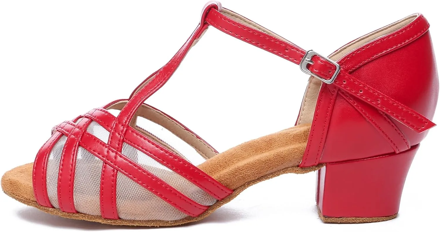 Minishion Leather Dancing Heels for Women T-Strap Low Heel Party Evening Shoes D37