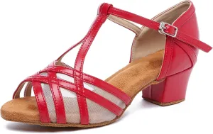 Minishion Leather Dancing Heels for Women T-Strap Low Heel Party Evening Shoes D37