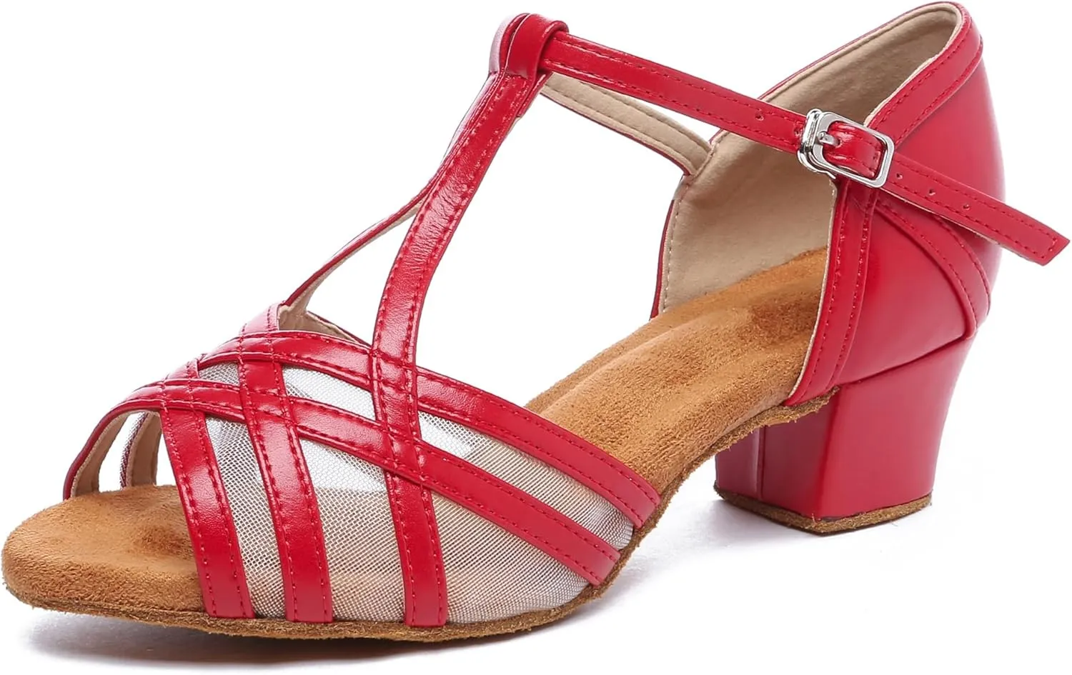 Minishion Leather Dancing Heels for Women T-Strap Low Heel Party Evening Shoes D37