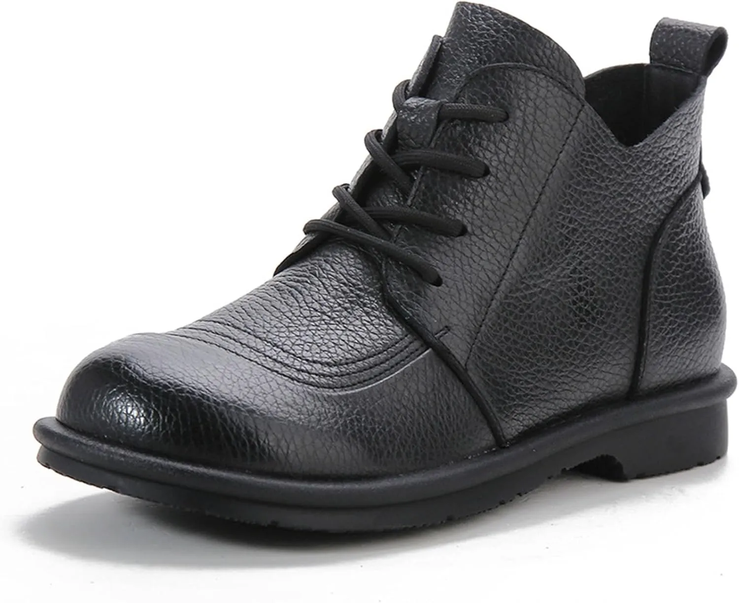 Myallfeet Women's Leather Lace Up Flat Bottomed Side Zippered Ankle Boots Retro British Style Round Toe Soft Sole Casual Anti Slip Leather Boots