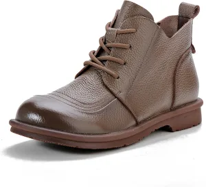 Myallfeet Women's Leather Lace Up Flat Bottomed Side Zippered Ankle Boots Retro British Style Round Toe Soft Sole Casual Anti Slip Leather Boots