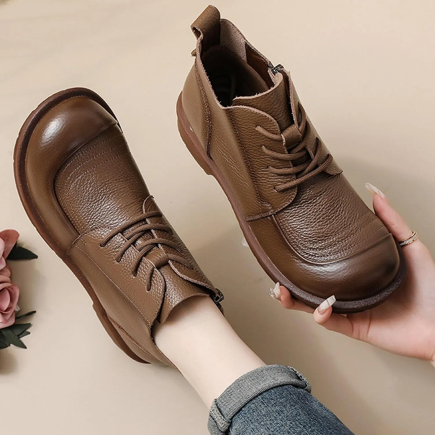 Myallfeet Women's Leather Lace Up Flat Bottomed Side Zippered Ankle Boots Retro British Style Round Toe Soft Sole Casual Anti Slip Leather Boots