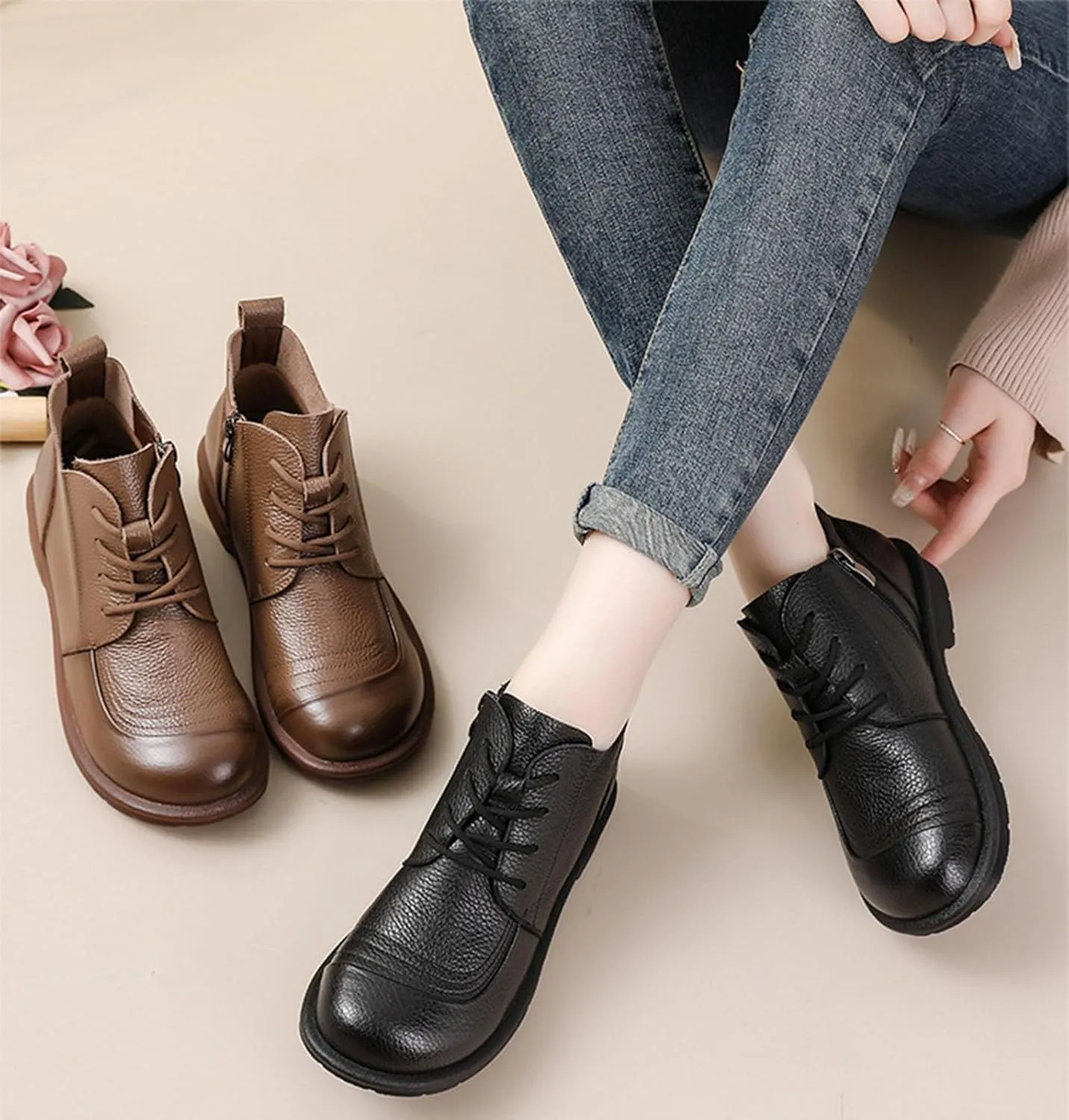 Myallfeet Women's Leather Lace Up Flat Bottomed Side Zippered Ankle Boots Retro British Style Round Toe Soft Sole Casual Anti Slip Leather Boots