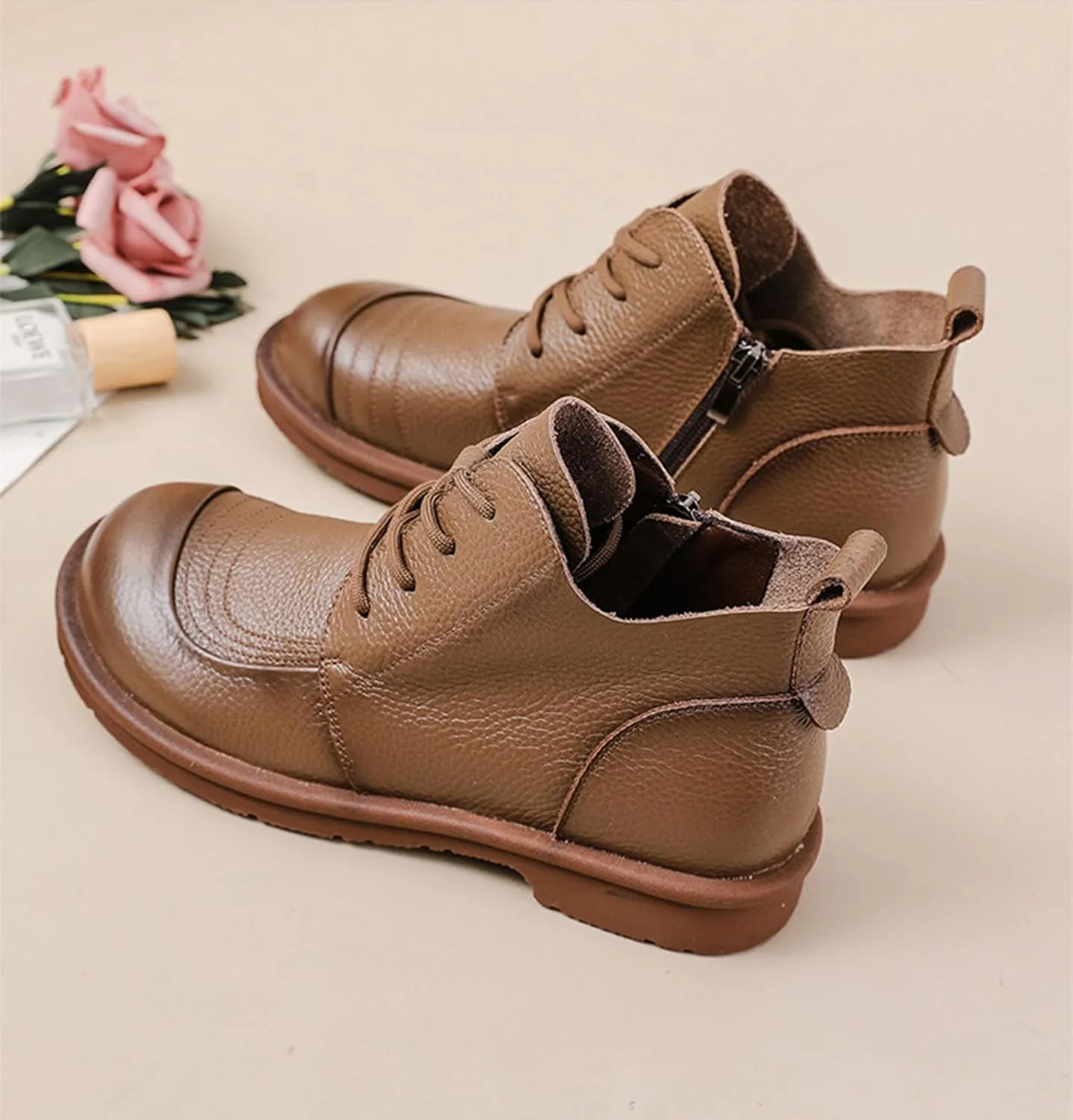 Myallfeet Women's Leather Lace Up Flat Bottomed Side Zippered Ankle Boots Retro British Style Round Toe Soft Sole Casual Anti Slip Leather Boots