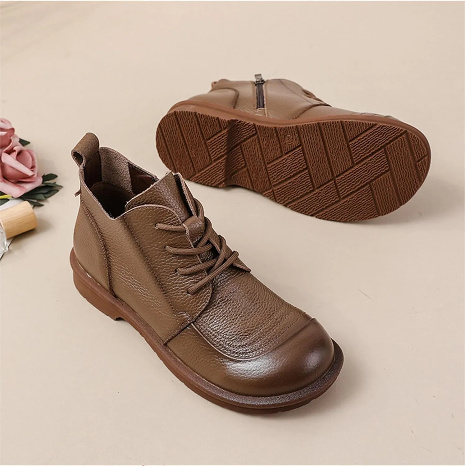 Myallfeet Women's Leather Lace Up Flat Bottomed Side Zippered Ankle Boots Retro British Style Round Toe Soft Sole Casual Anti Slip Leather Boots