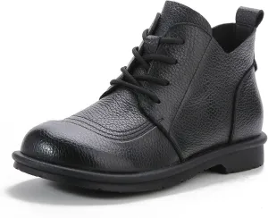 Myallfeet Women's Leather Lace Up Flat Bottomed Side Zippered Ankle Boots Retro British Style Round Toe Soft Sole Casual Anti Slip Leather Boots