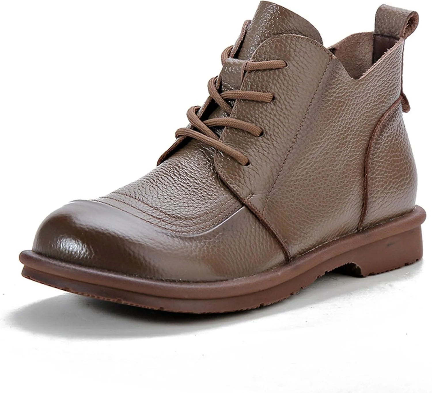 Myallfeet Women's Leather Lace Up Flat Bottomed Side Zippered Ankle Boots Retro British Style Round Toe Soft Sole Casual Anti Slip Leather Boots