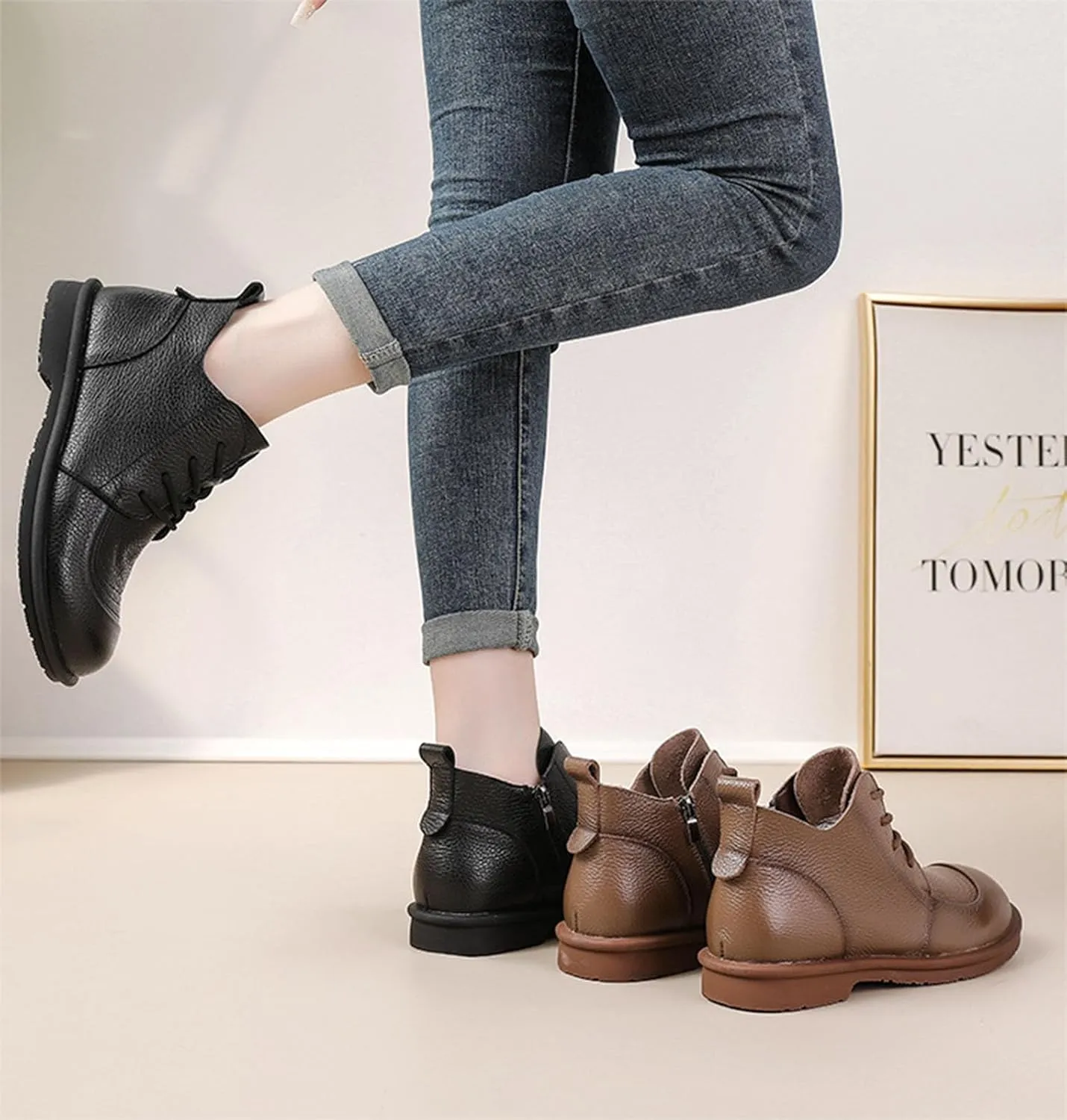 Myallfeet Women's Leather Lace Up Flat Bottomed Side Zippered Ankle Boots Retro British Style Round Toe Soft Sole Casual Anti Slip Leather Boots