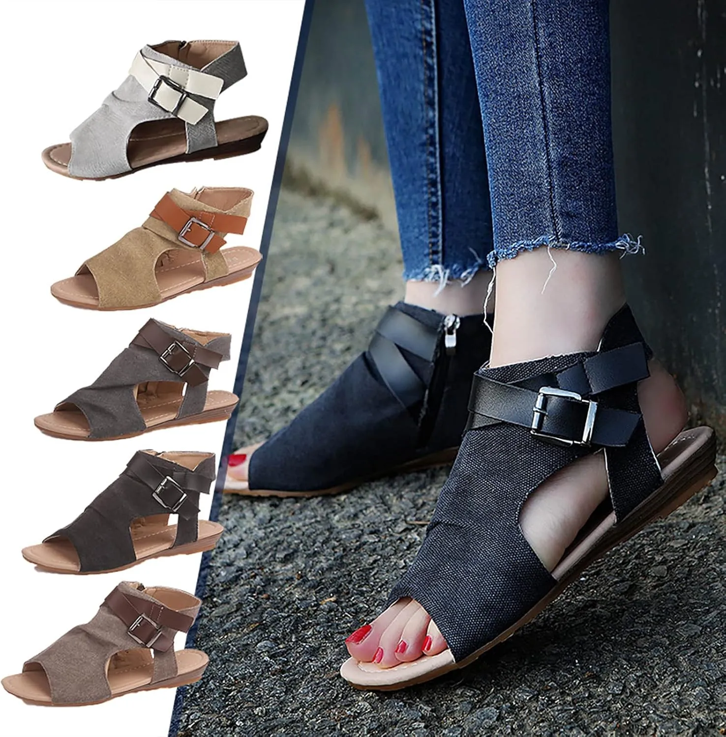 Novelty Sandals for Women Flat Fish Mouth Open Toe Hollow Side Zipper Straps Buckle Roman Shoes Summer Comfortable Daily Casual Ladies Shoes