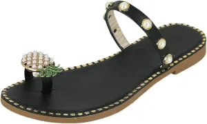 oiangi Cute Pineapple Sandals for Women Dressy Casual Summer Flat Clip Toe Flip Flops Boho Pearl Slippers Lightweight Comfy Ladies Beach Shoes Slides