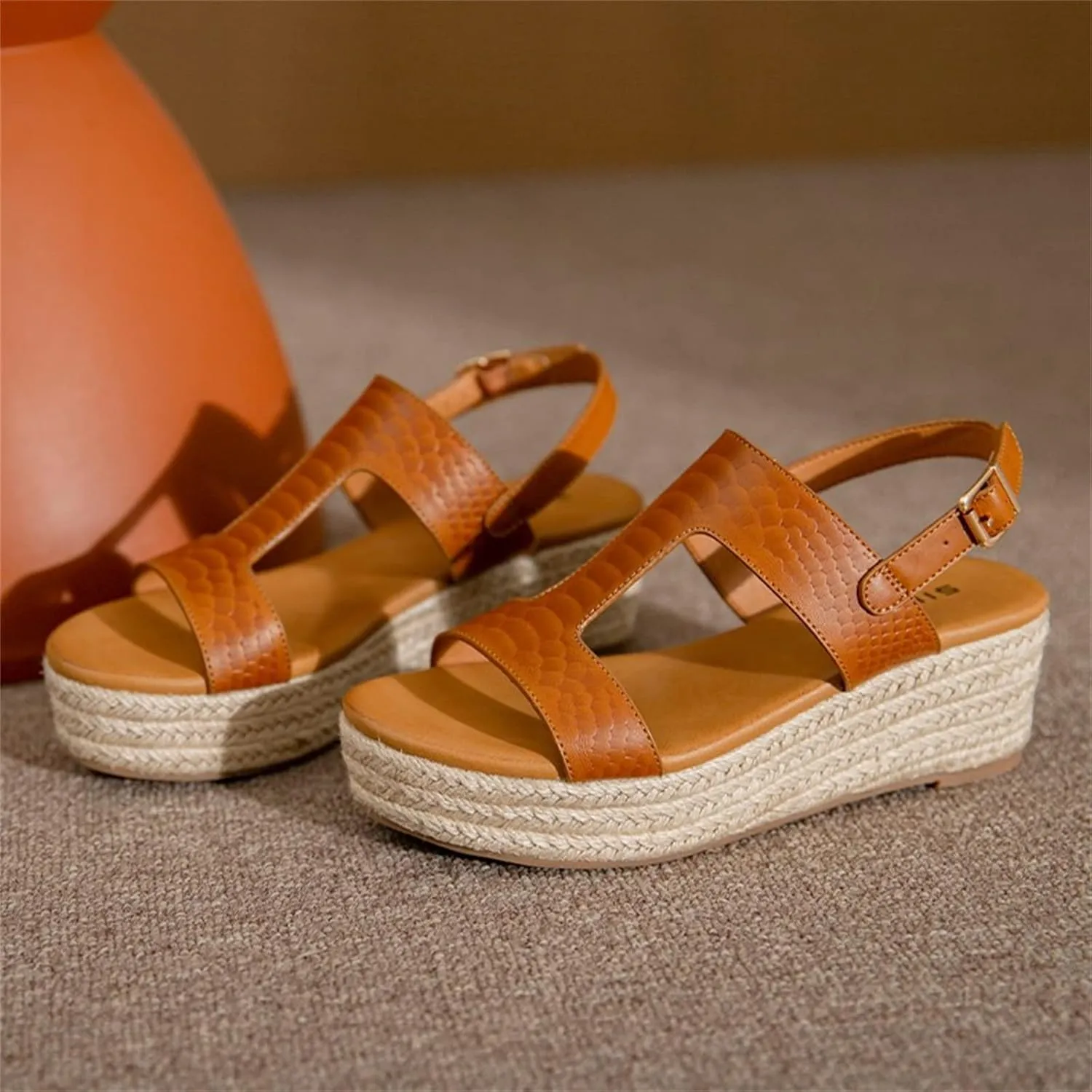 ORNVEION Women's Buckle Strap Arch Support Leather Wedge Platform Sandals,Retro Ankle Strap Open Toe Casual Beach Espadrilles Sandals