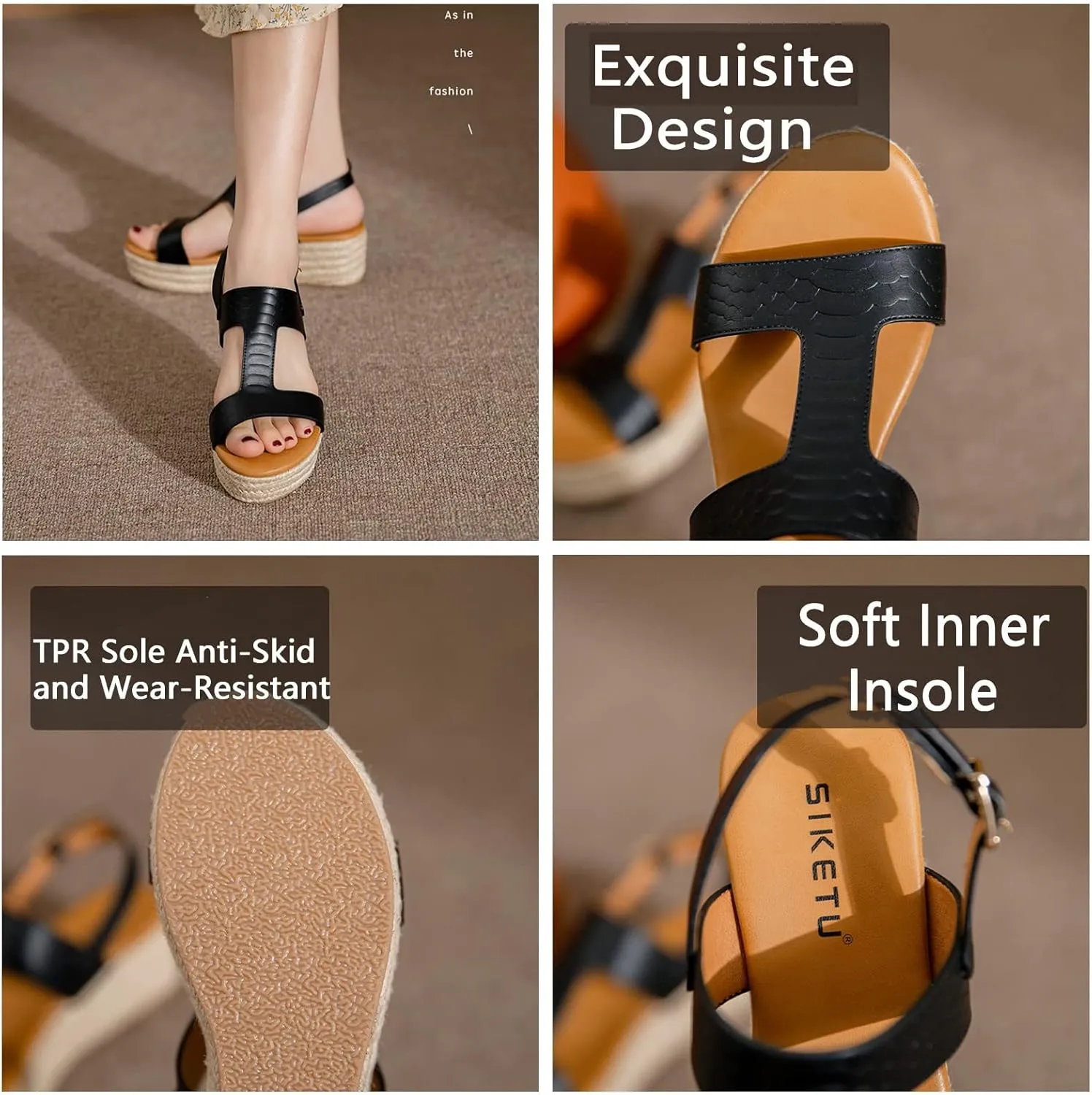 ORNVEION Women's Buckle Strap Arch Support Leather Wedge Platform Sandals,Retro Ankle Strap Open Toe Casual Beach Espadrilles Sandals