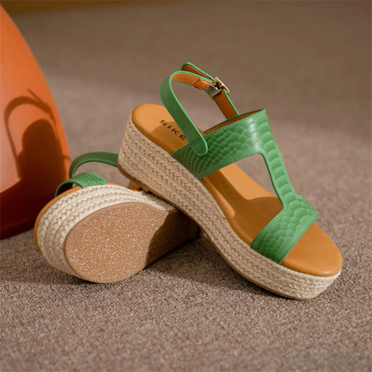 ORNVEION Women's Buckle Strap Arch Support Leather Wedge Platform Sandals,Retro Ankle Strap Open Toe Casual Beach Espadrilles Sandals