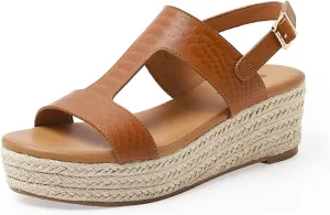 ORNVEION Women's Buckle Strap Arch Support Leather Wedge Platform Sandals,Retro Ankle Strap Open Toe Casual Beach Espadrilles Sandals