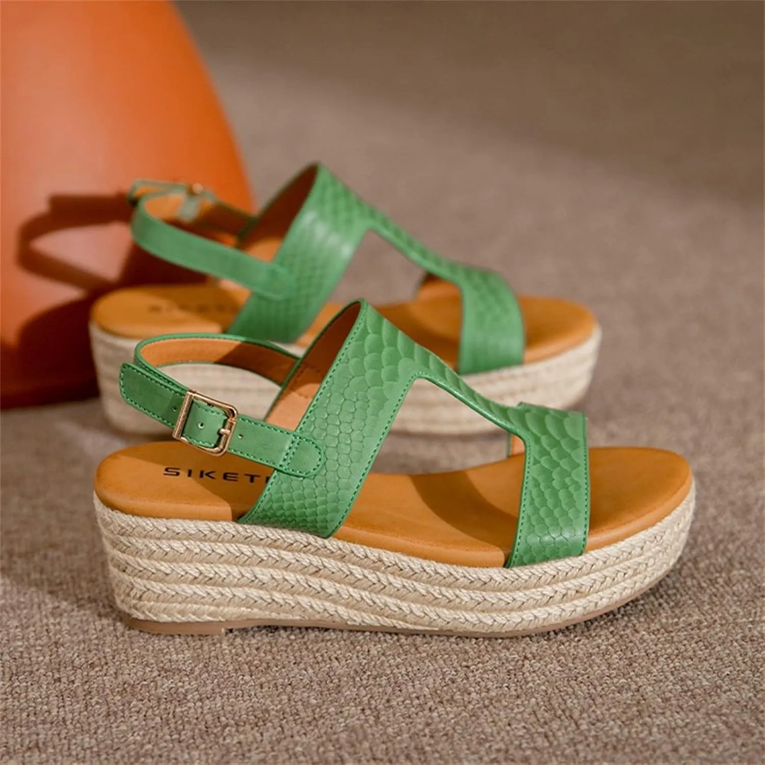 ORNVEION Women's Buckle Strap Arch Support Leather Wedge Platform Sandals,Retro Ankle Strap Open Toe Casual Beach Espadrilles Sandals