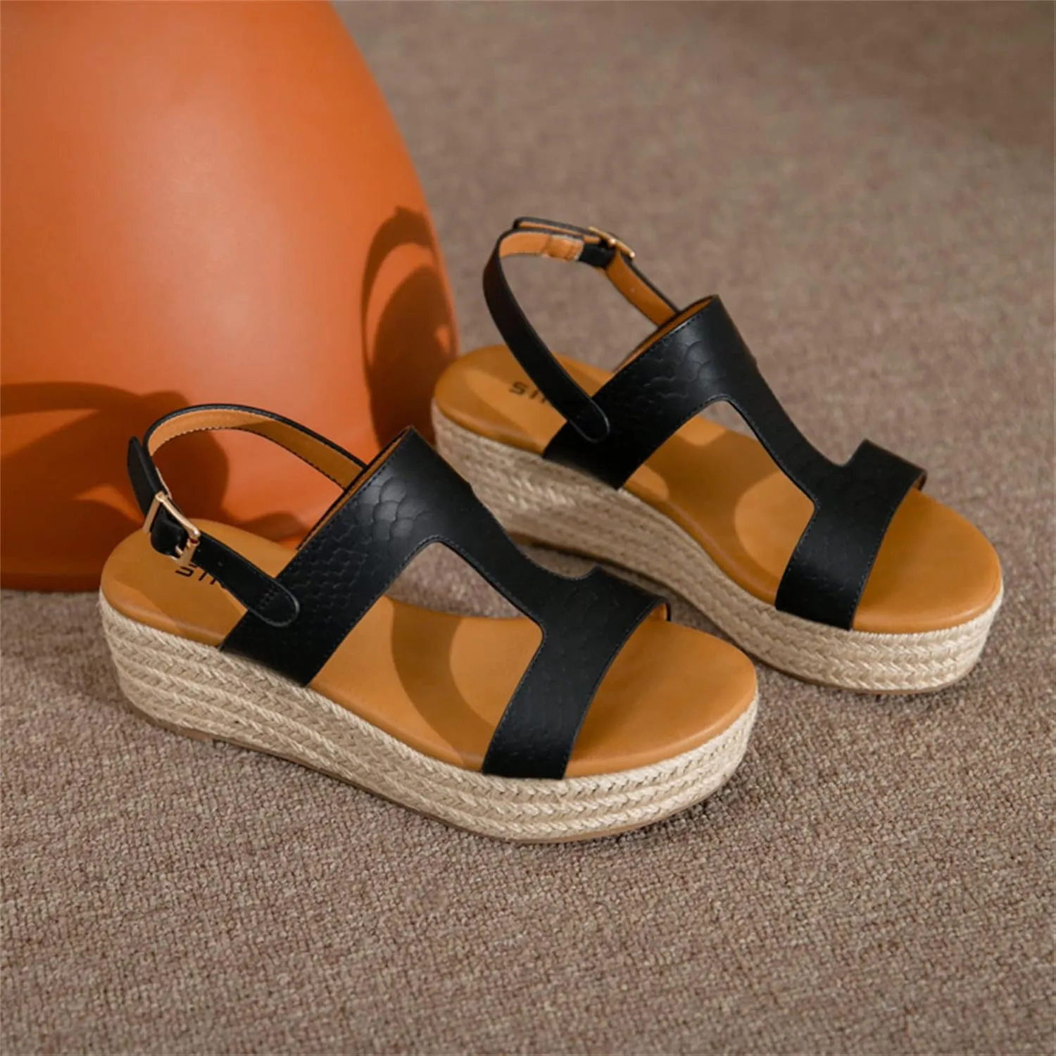 ORNVEION Women's Buckle Strap Arch Support Leather Wedge Platform Sandals,Retro Ankle Strap Open Toe Casual Beach Espadrilles Sandals