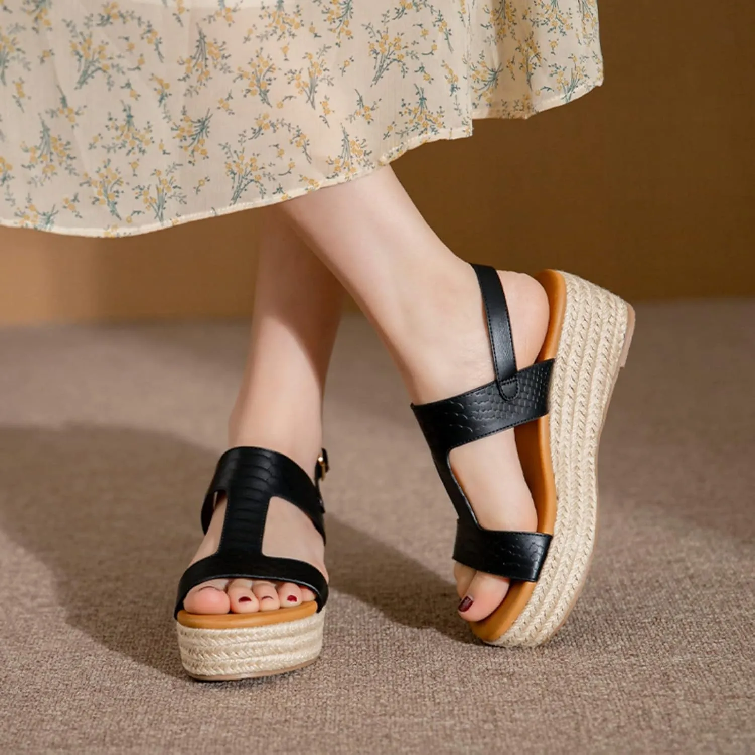 ORNVEION Women's Buckle Strap Arch Support Leather Wedge Platform Sandals,Retro Ankle Strap Open Toe Casual Beach Espadrilles Sandals