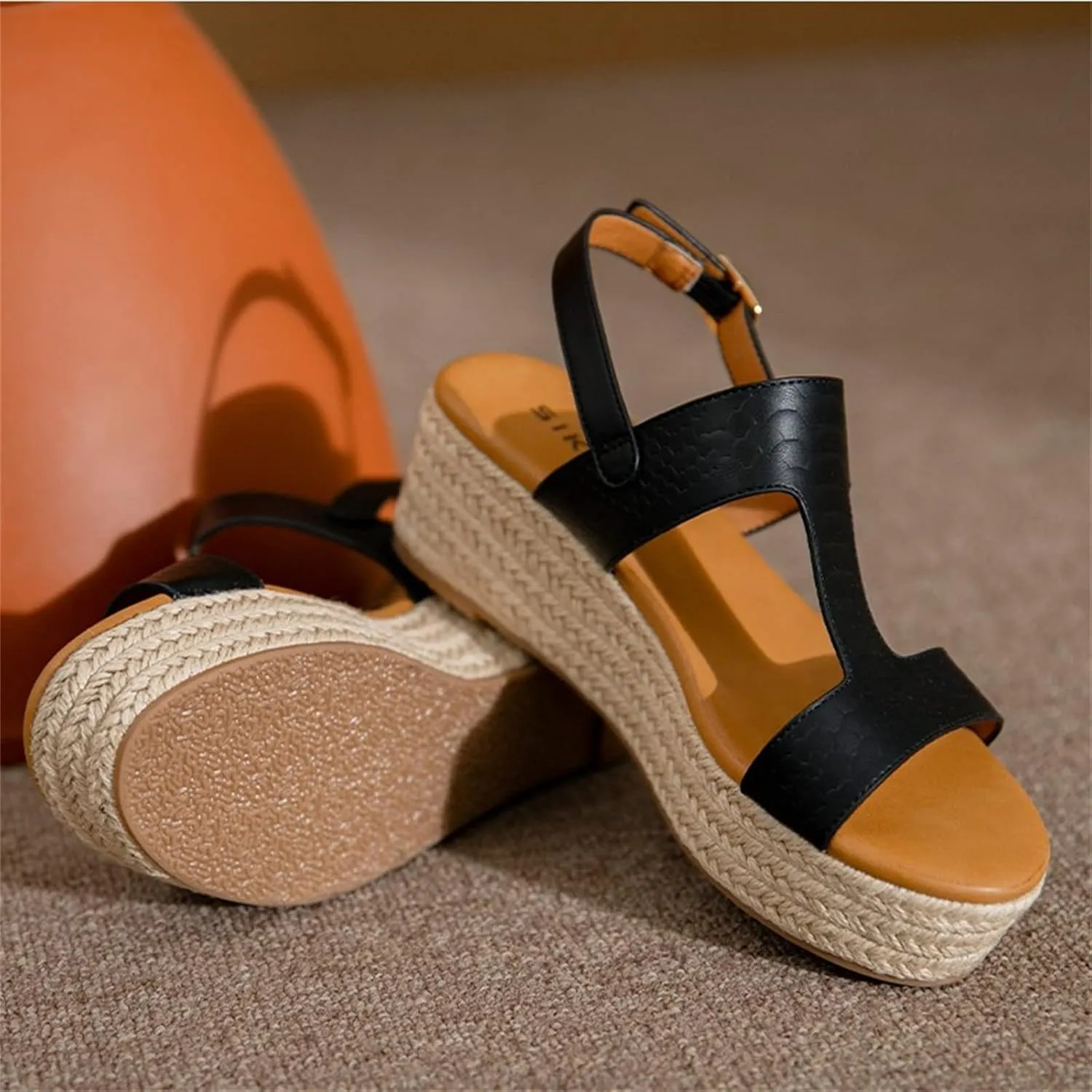 ORNVEION Women's Buckle Strap Arch Support Leather Wedge Platform Sandals,Retro Ankle Strap Open Toe Casual Beach Espadrilles Sandals