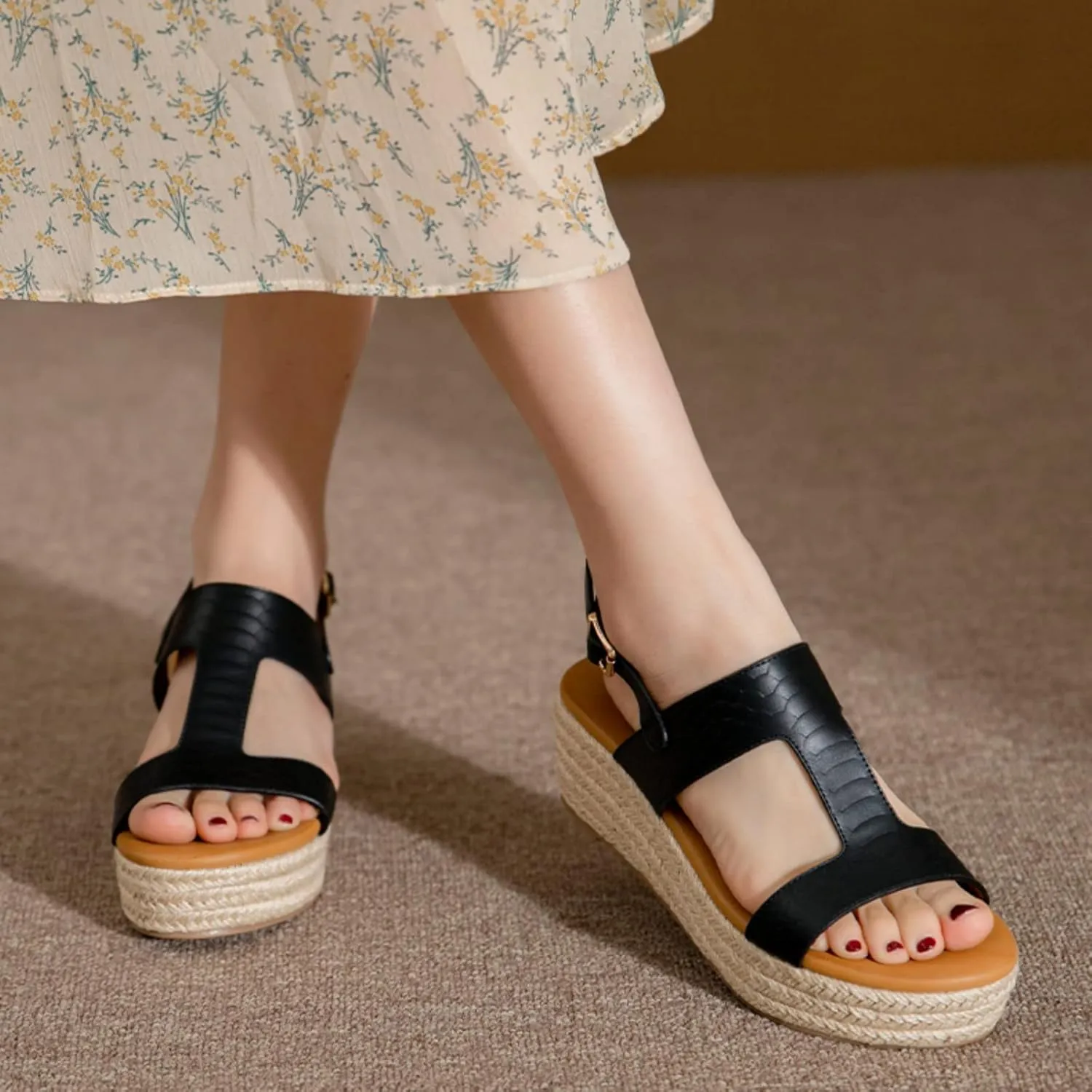 ORNVEION Women's Buckle Strap Arch Support Leather Wedge Platform Sandals,Retro Ankle Strap Open Toe Casual Beach Espadrilles Sandals