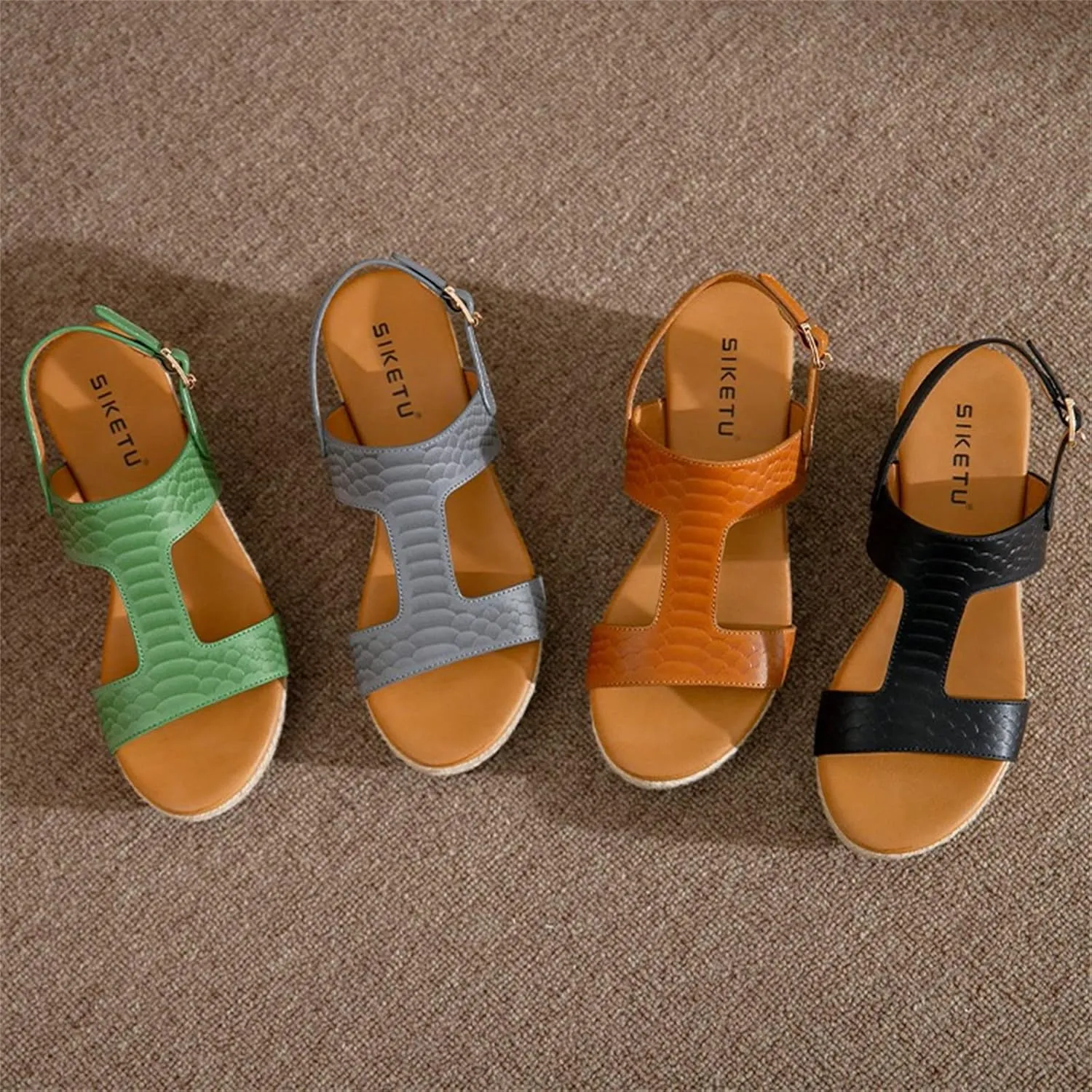 ORNVEION Women's Buckle Strap Arch Support Leather Wedge Platform Sandals,Retro Ankle Strap Open Toe Casual Beach Espadrilles Sandals