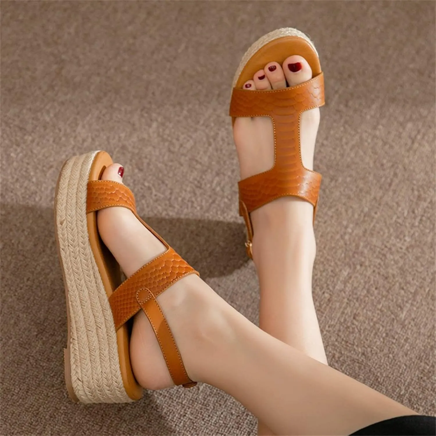 ORNVEION Women's Buckle Strap Arch Support Leather Wedge Platform Sandals,Retro Ankle Strap Open Toe Casual Beach Espadrilles Sandals
