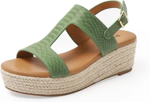 ORNVEION Women's Buckle Strap Arch Support Leather Wedge Platform Sandals,Retro Ankle Strap Open Toe Casual Beach Espadrilles Sandals