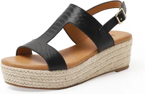 ORNVEION Women's Buckle Strap Arch Support Leather Wedge Platform Sandals,Retro Ankle Strap Open Toe Casual Beach Espadrilles Sandals
