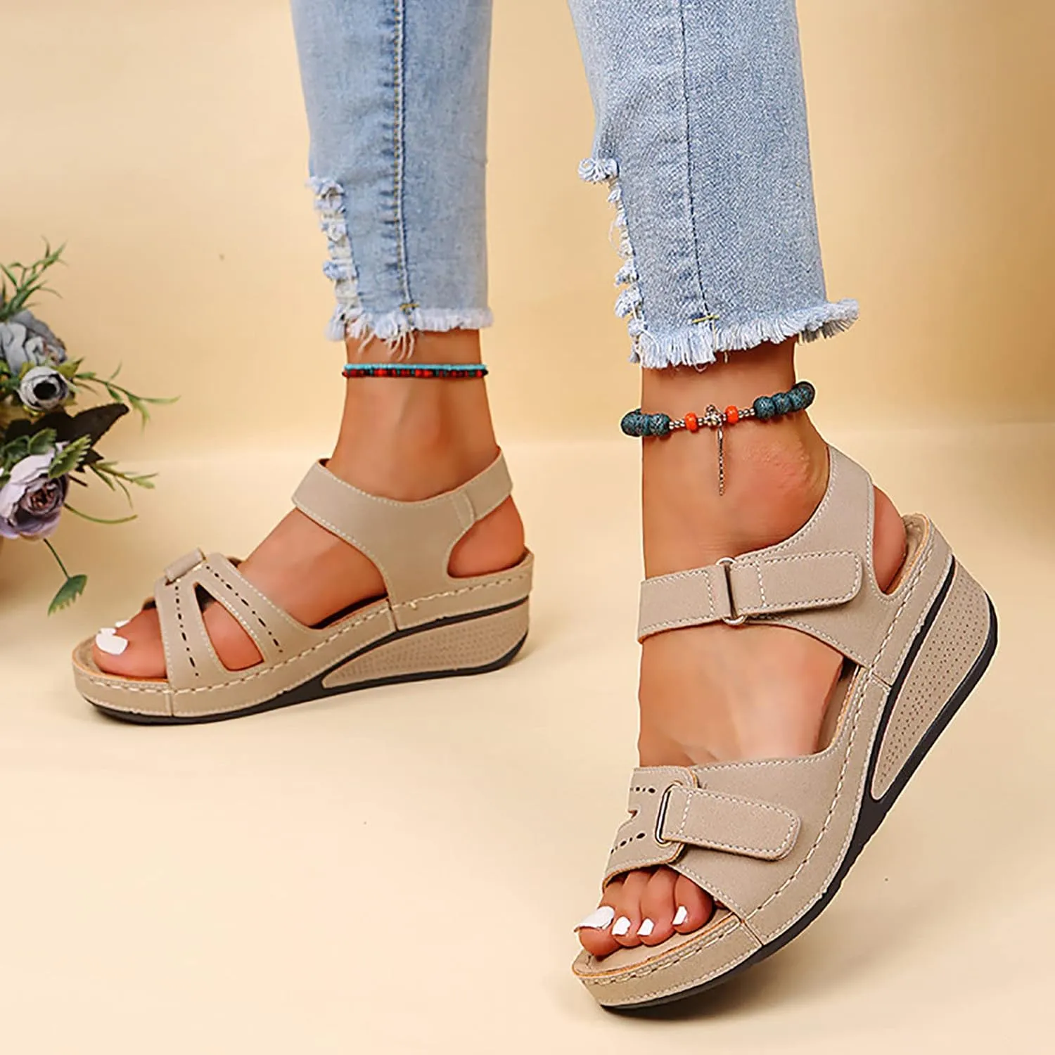 Orthopedic Sandals for Women Plantar Fasciitis Hook and Loop Flat Sandals Summer Outdoor Arch Support Massage Sandals