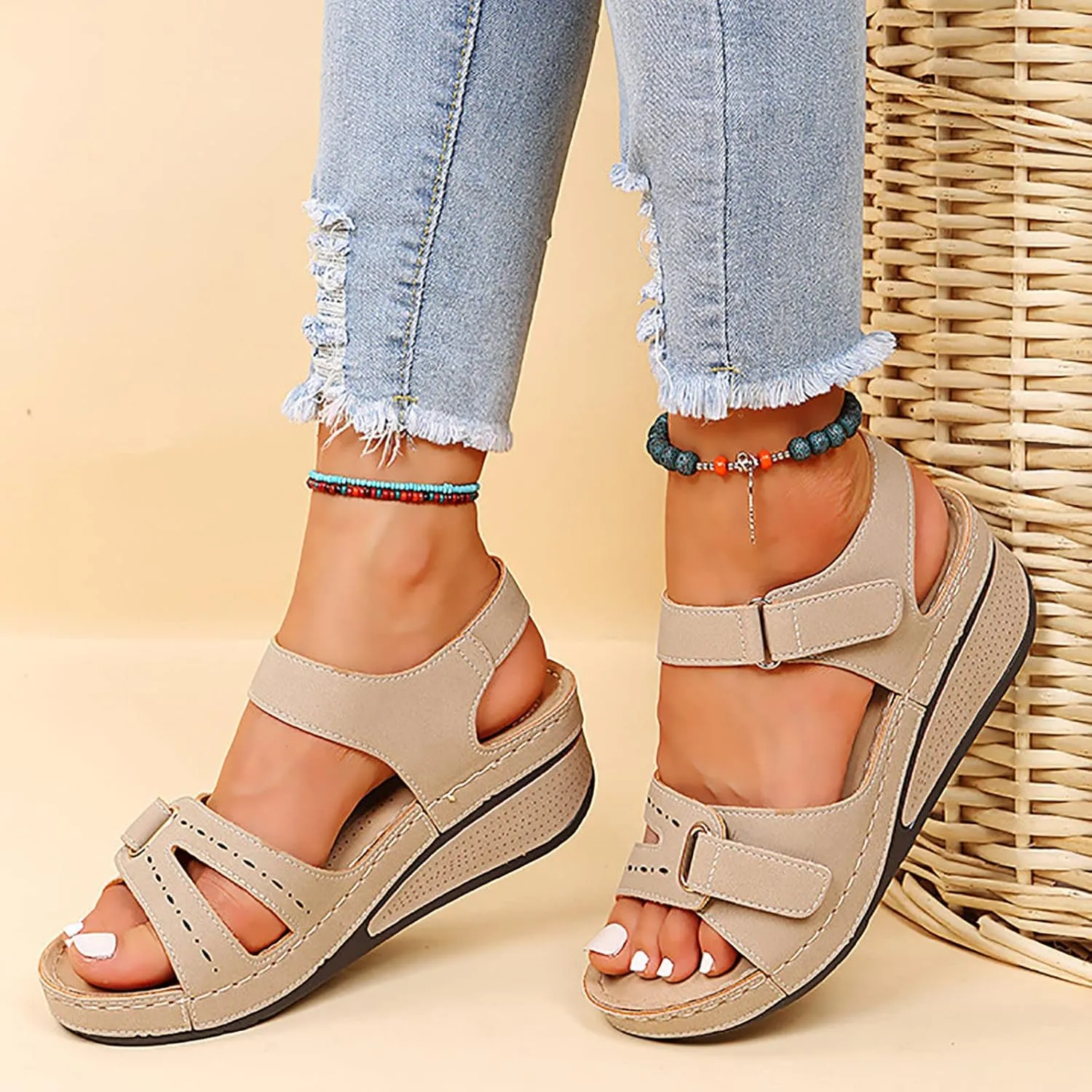 Orthopedic Sandals for Women Plantar Fasciitis Hook and Loop Flat Sandals Summer Outdoor Arch Support Massage Sandals