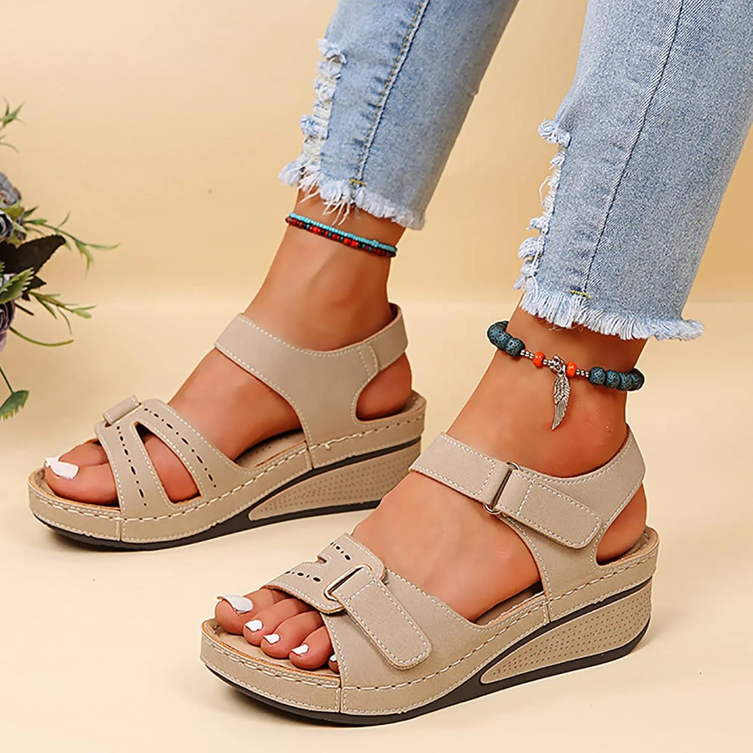 Orthopedic Sandals for Women Plantar Fasciitis Hook and Loop Flat Sandals Summer Outdoor Arch Support Massage Sandals