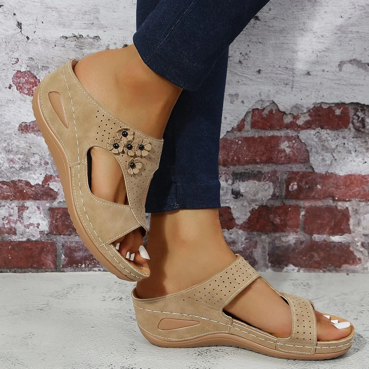 Platform Wedge Sandals for Women Comfortable Low Heels Dressy Summer Casual Slip on Flip Flops Flower Orthopedic Peep Toe Wide Width Supportive Arch Wedge Sandal Slippers
