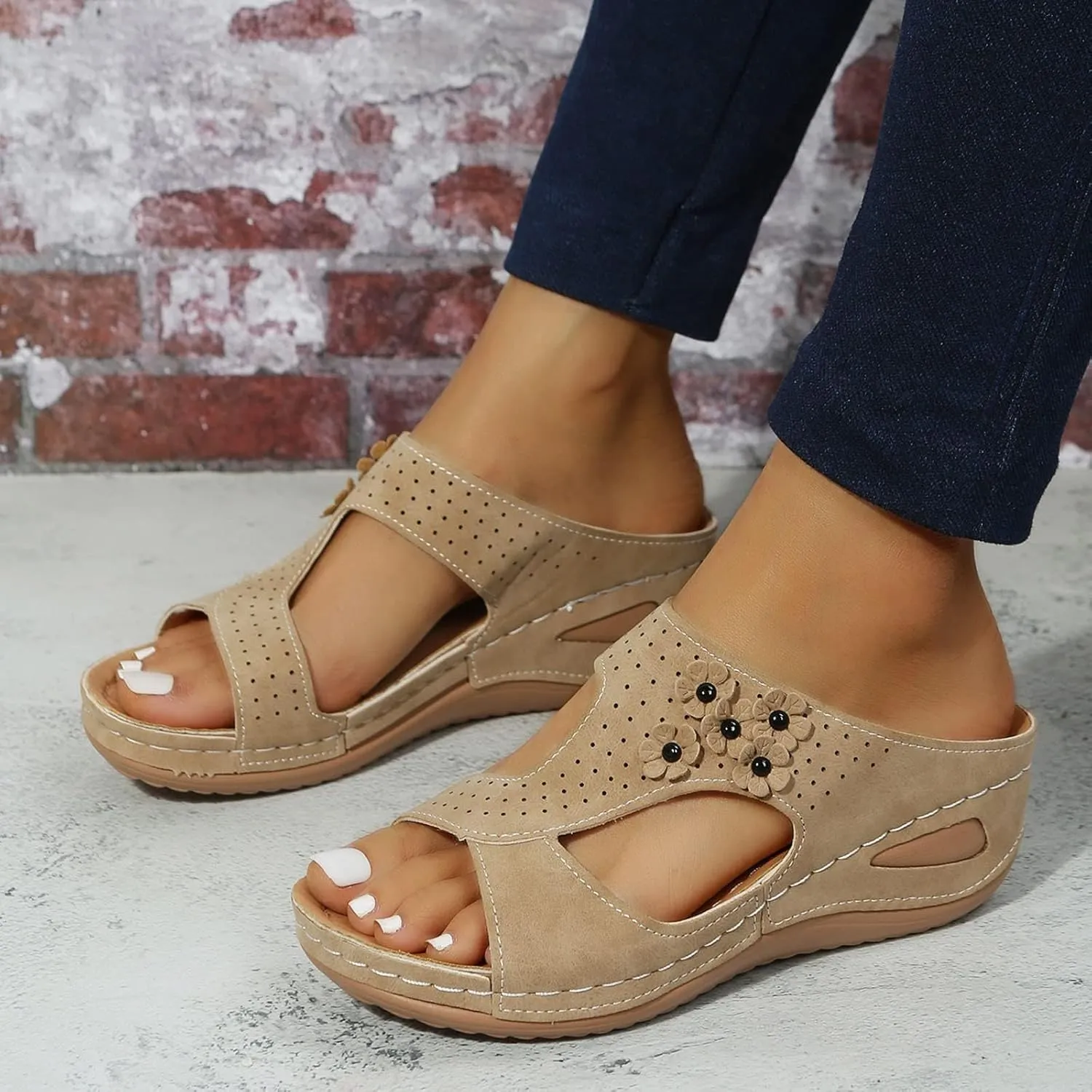 Platform Wedge Sandals for Women Comfortable Low Heels Dressy Summer Casual Slip on Flip Flops Flower Orthopedic Peep Toe Wide Width Supportive Arch Wedge Sandal Slippers