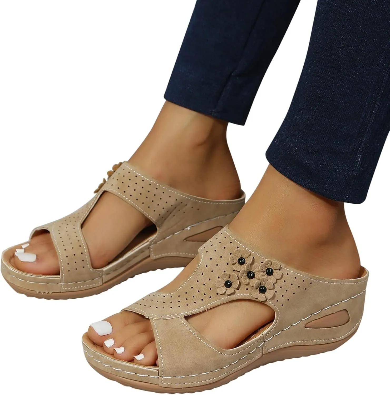 Platform Wedge Sandals for Women Comfortable Low Heels Dressy Summer Casual Slip on Flip Flops Flower Orthopedic Peep Toe Wide Width Supportive Arch Wedge Sandal Slippers