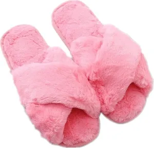 QMFUR Women's Cross Band Fuzzy Fluffy Furry Slippers Flip Flop Open Toe Cozy House Sandals Soft Flat Slides Plush Shoes Indoor Outdoor