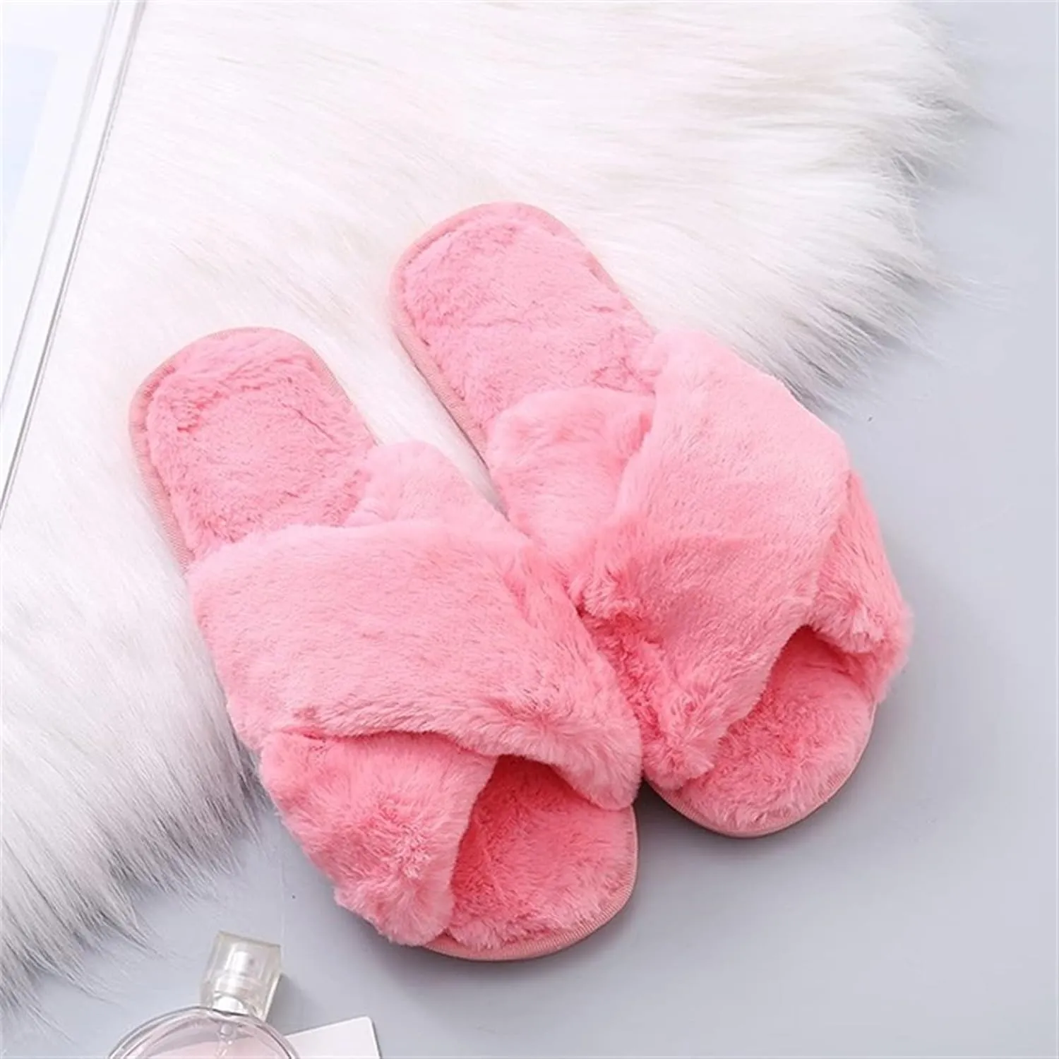 QMFUR Women's Cross Band Fuzzy Fluffy Furry Slippers Flip Flop Open Toe Cozy House Sandals Soft Flat Slides Plush Shoes Indoor Outdoor