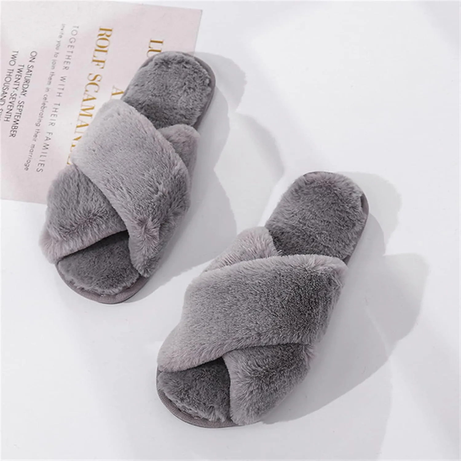 QMFUR Women's Cross Band Fuzzy Fluffy Furry Slippers Flip Flop Open Toe Cozy House Sandals Soft Flat Slides Plush Shoes Indoor Outdoor