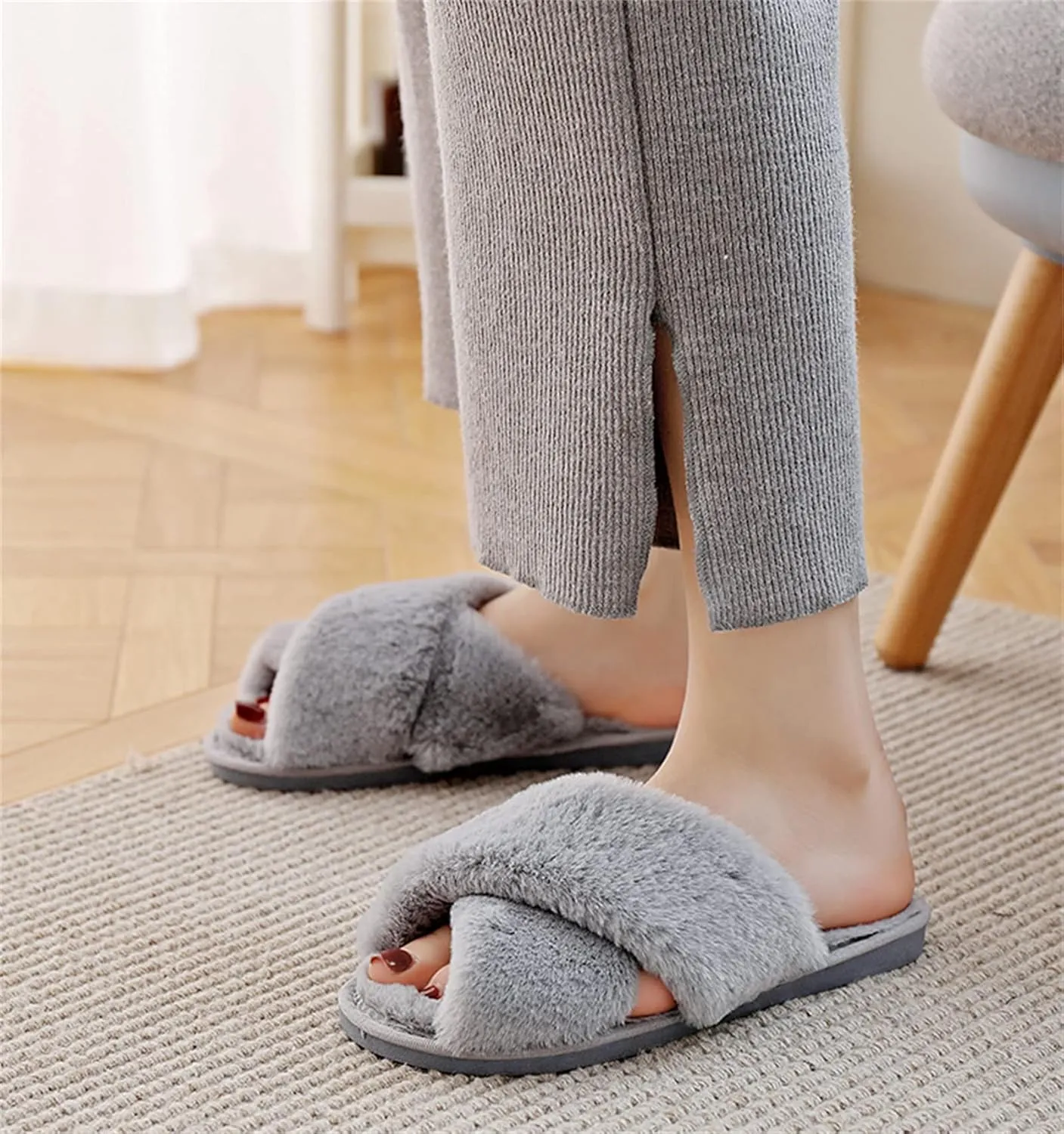 QMFUR Women's Cross Band Fuzzy Fluffy Furry Slippers Flip Flop Open Toe Cozy House Sandals Soft Flat Slides Plush Shoes Indoor Outdoor