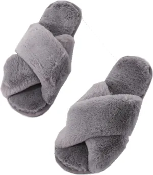 QMFUR Women's Cross Band Fuzzy Fluffy Furry Slippers Flip Flop Open Toe Cozy House Sandals Soft Flat Slides Plush Shoes Indoor Outdoor