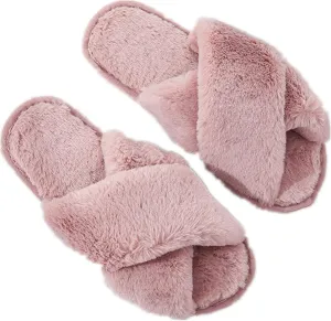 QMFUR Women's Cross Band Fuzzy Fluffy Furry Slippers Flip Flop Open Toe Cozy House Sandals Soft Flat Slides Plush Shoes Indoor Outdoor