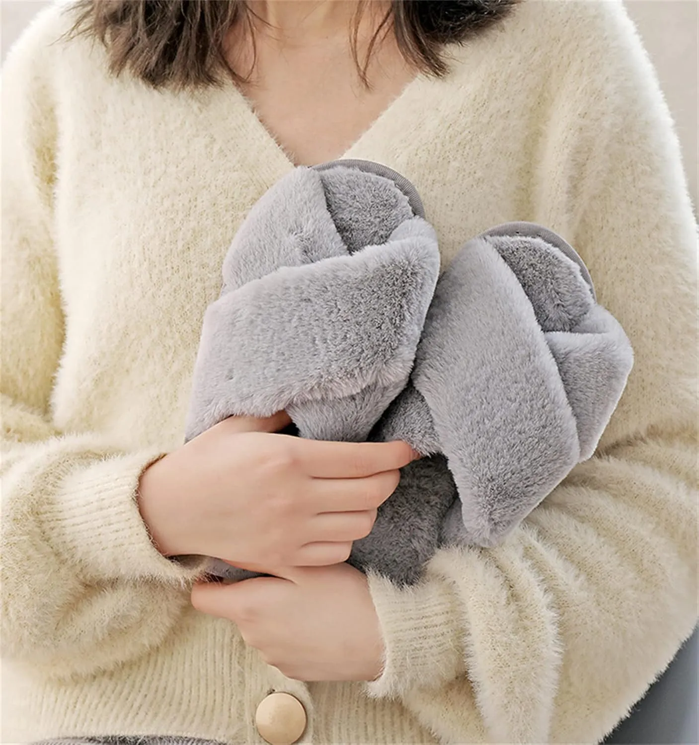 QMFUR Women's Cross Band Fuzzy Fluffy Furry Slippers Flip Flop Open Toe Cozy House Sandals Soft Flat Slides Plush Shoes Indoor Outdoor
