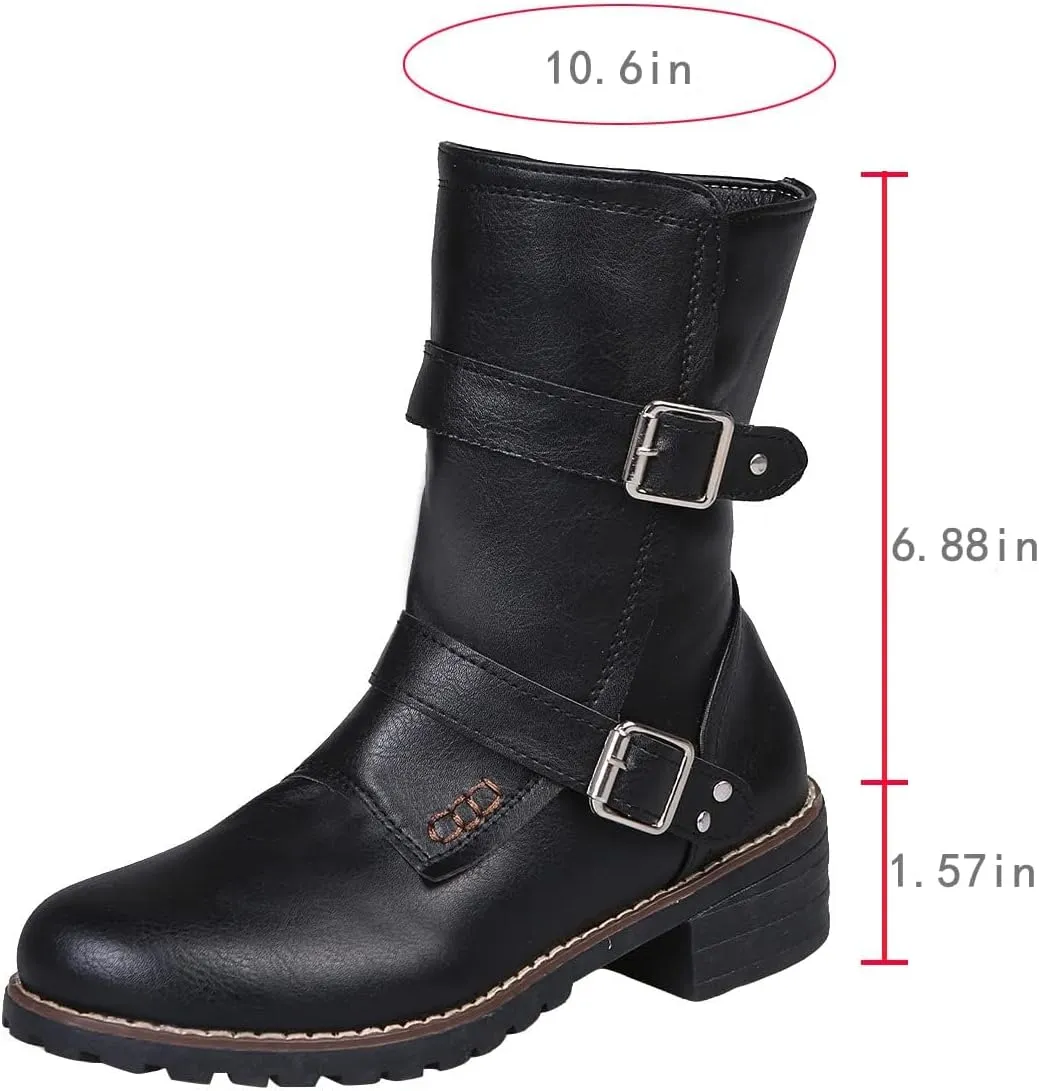 SACFOF Women's Ankle Booties Winter Low Heel Buckled Retro Combat Mid Calf Boots Side Zipper Ankle Chelsea Boots