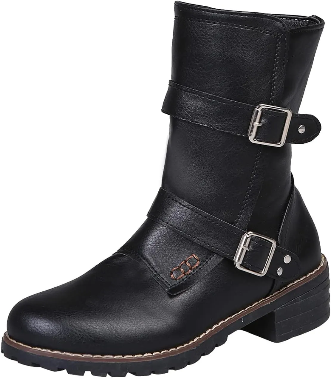 SACFOF Women's Ankle Booties Winter Low Heel Buckled Retro Combat Mid Calf Boots Side Zipper Ankle Chelsea Boots
