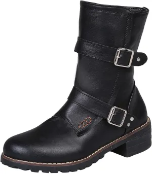 SACFOF Women's Ankle Booties Winter Low Heel Buckled Retro Combat Mid Calf Boots Side Zipper Ankle Chelsea Boots