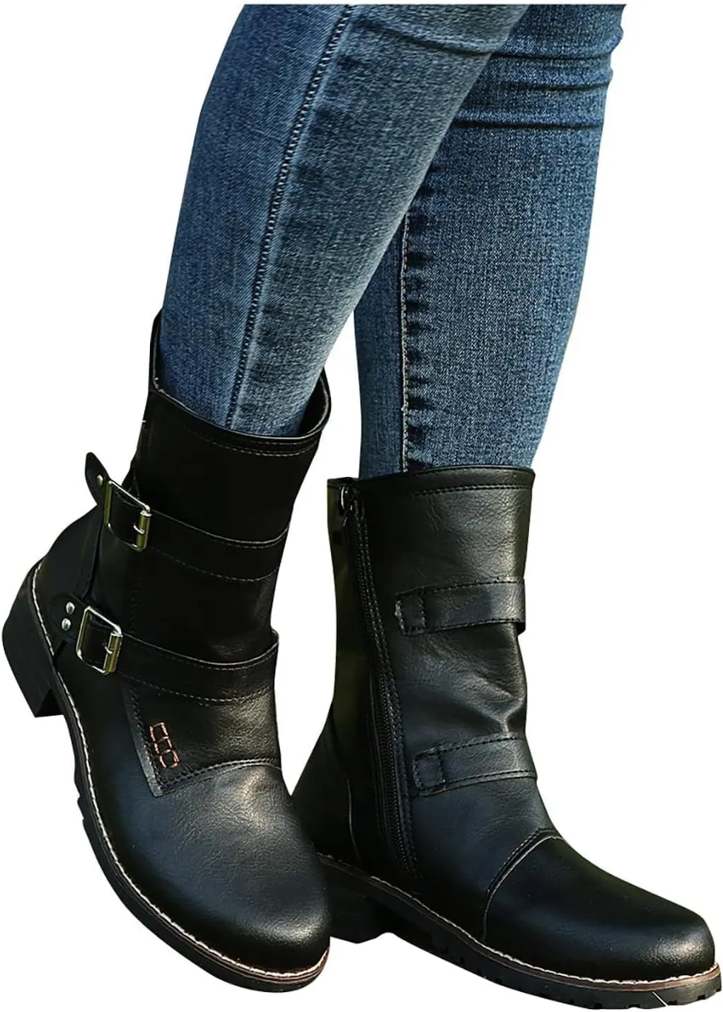 SACFOF Women's Ankle Booties Winter Low Heel Buckled Retro Combat Mid Calf Boots Side Zipper Ankle Chelsea Boots